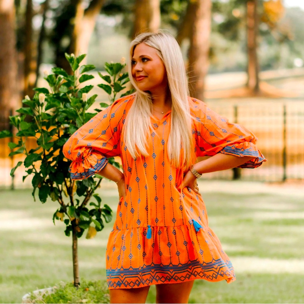 UMGEE Boho Embroidered Split Neck “Brighten My Day”Dress in Orange/Blue